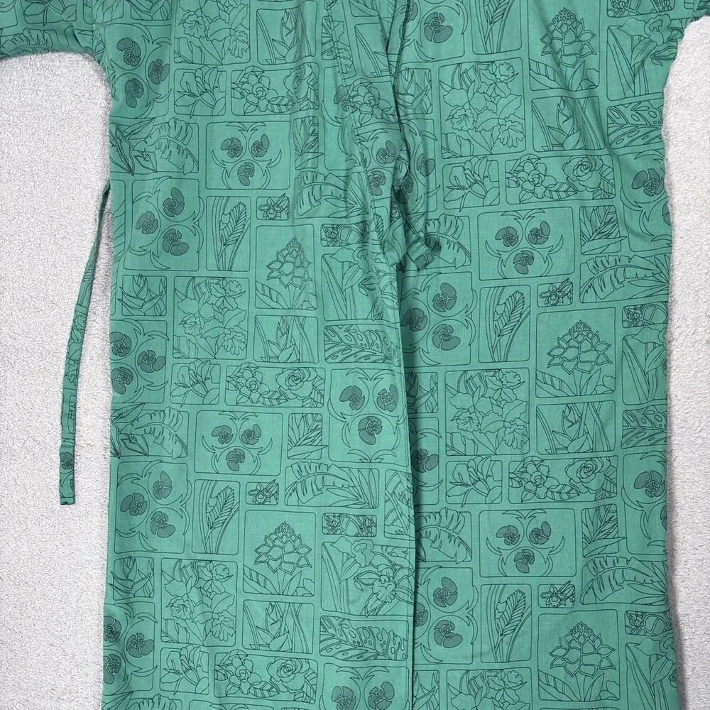Vintage Women's‎ Emerald Green Kimono Robe Framed Botanical Patchwork Print MCM